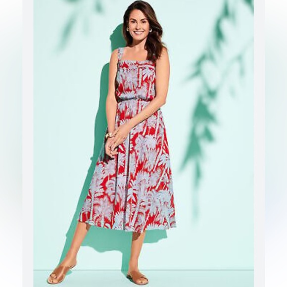 Talbots Petites Oasis Palm Tree Print Voile Midi Dress Red Blue Floral 4P 4 P - Picture 1 of 7